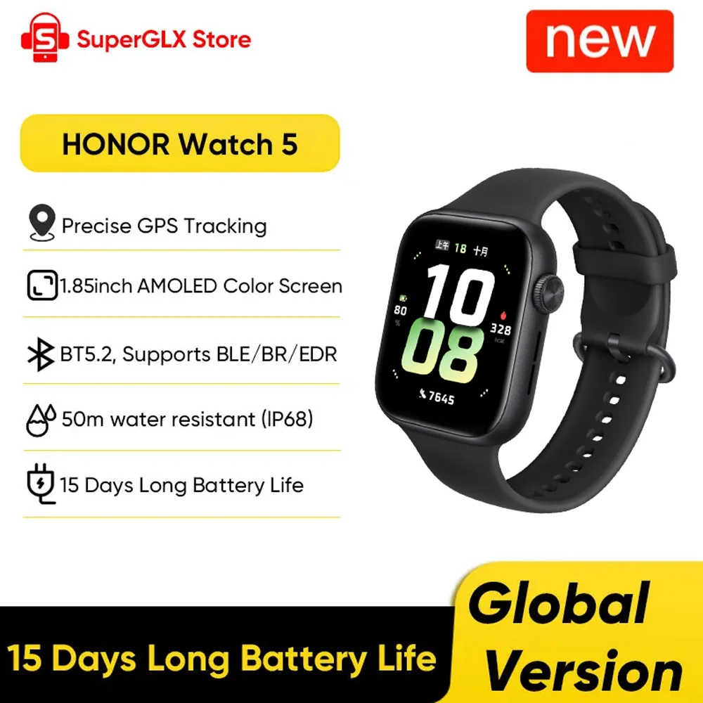 Фото Глобальная версия HONOR Watch 5: умные часы с AMOLED-экраном 1,85 дюйма, 64 МБ ОЗУ + 4 ГБ ПЗУ, аккумулятор 480 мАч, поддержка Bluetooth, водонепроницаемость 5ATM и IP68 №1