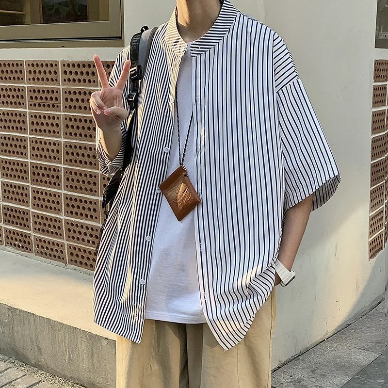 Summer Contrast Stripe Shirt Men Fashion Society Mens Dress Shirt Korean Version Loose Short Sleeve Shirts Mens Collarless Shirt