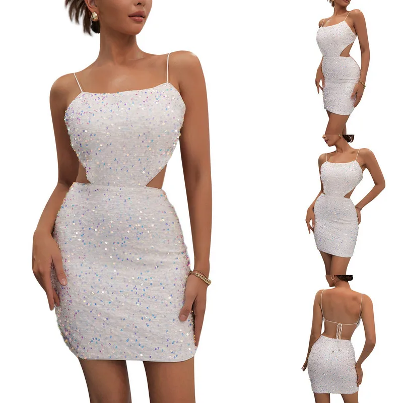 

Women's Summer Skinny Sequins Dress White Sleeveless Backless Hollow Bandage Dress