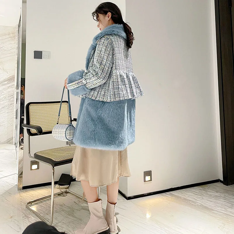 Faux Fur Coat Women 2022 Winter Patchwork Sequins Long Tweed Jackets Female Casual Elegant Loose Turn Down Collar Blue Outwear