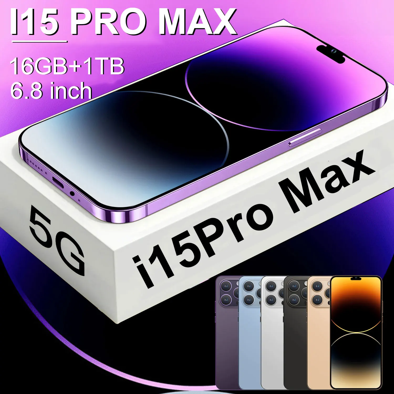 

Brand New i15 Pro Max Android Smartphone 6.8inch Full Screen Face ID Mobile Phones 16GB+1TB Global Version 4G 5G Cell Phone