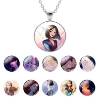 disney abstract cartoon princess pattern image round glass dome link pendant necklace cabochon flat back necklace jewelry qgz121