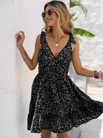 women summer dress 2022 fashion v neck lace up print floral dresses female sexy waist backless holiday slip dress black dress