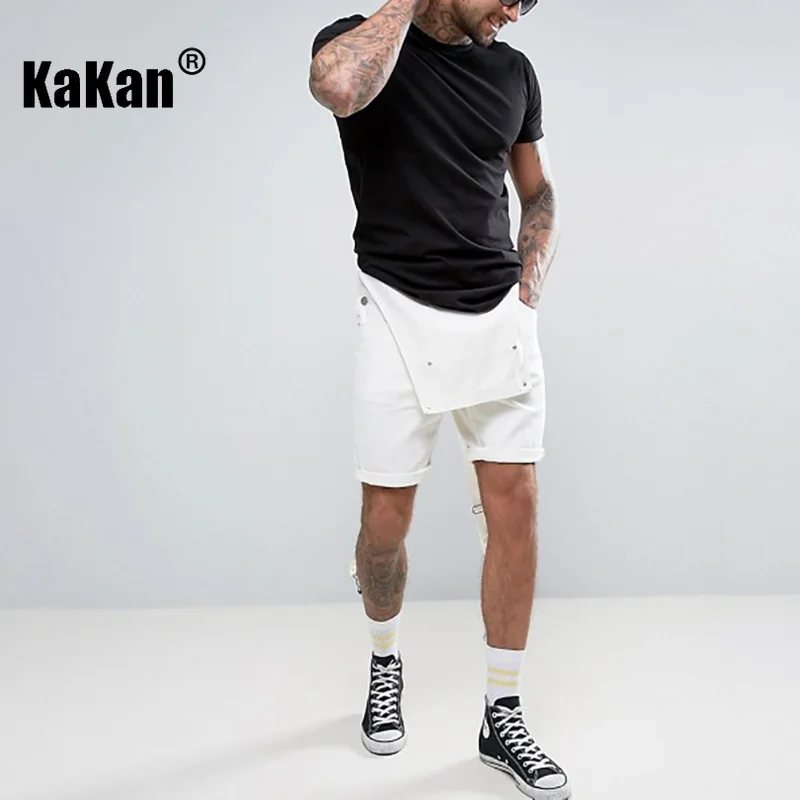 Kakan - New Street Trendy Men's Strap Short Jeans From Europe and America, White Straight Strap One Piece Jeans K34-211