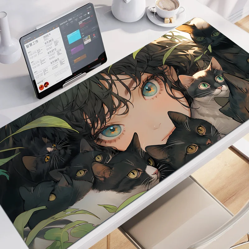Коврик для мыши 90x40 Аниме Кот Большой Зеленый Девушка Настольный коврик