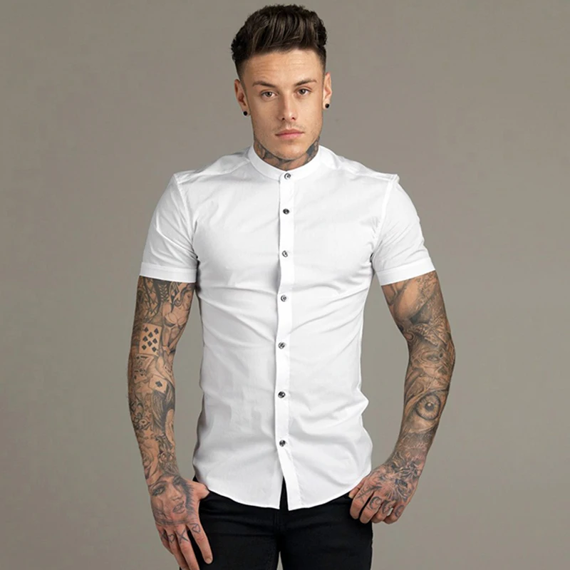 

New Summer Men Fashion Short Sleeve Solid Shirt Slim Fit Male Social Business Dress Shirt Brand Mens Gym Fitness Sports Clothing