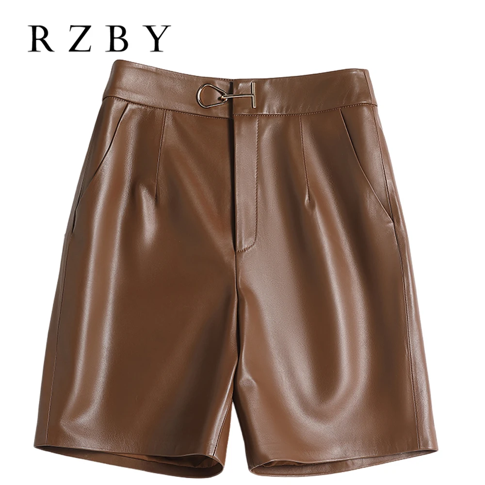 

RZBY Autumn Winter Sheepskin Leather Short Women Solid Half Length Streetwear Soft Pockets Pantalones Cortos RZBY2564