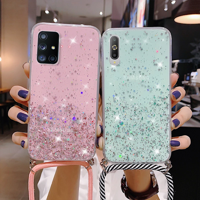 

With Neck Strap Rope Cord Clear Glitter Case For Samsung Galaxy A51 A50 A71 A70 S20 FE S21 Ultra S10 Plus A41 A31 A12 A32 A52