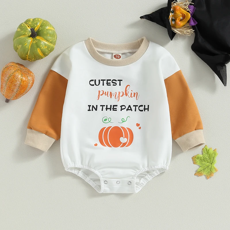 

Свитшот для маленьких мальчиков и девочек на Хэллоуин, комбинезоны, одежда с принтом тыквы и букв, комбинезоны контрастных цветов с длинным рукавом, комбинезоны, одежда