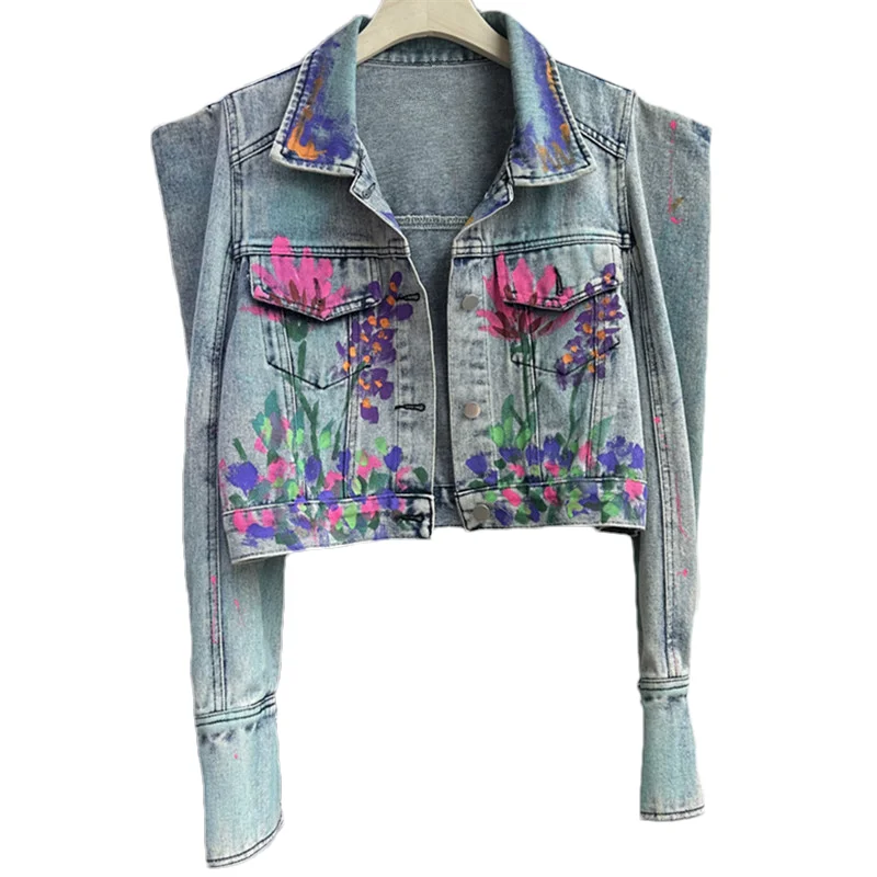Уличная джинсовая куртка с карманами и чернильным принтом женская тонкая