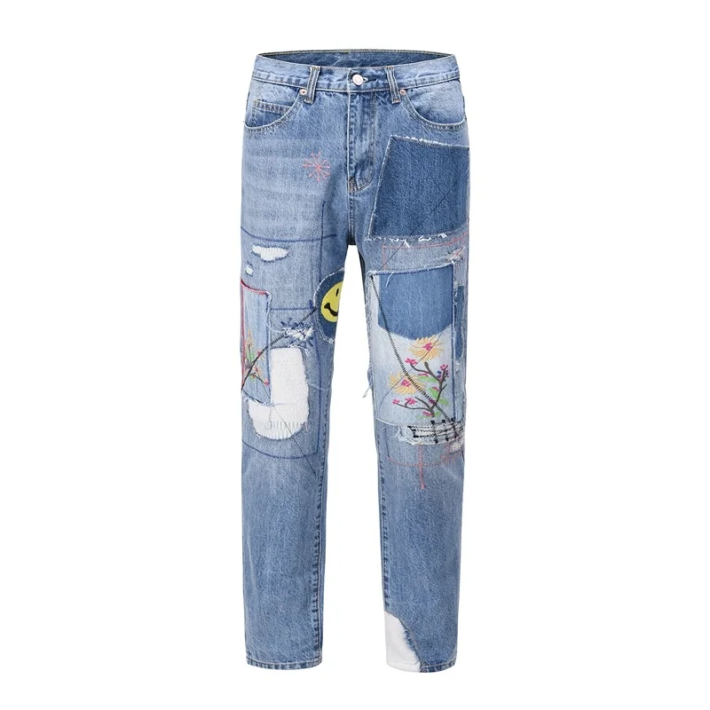 

KAPITAL Men's Jeans 2024 Summer New High Street Vintage Old Flower Disassembled Smiling Face Embroidery Patch Straight Leg Pants