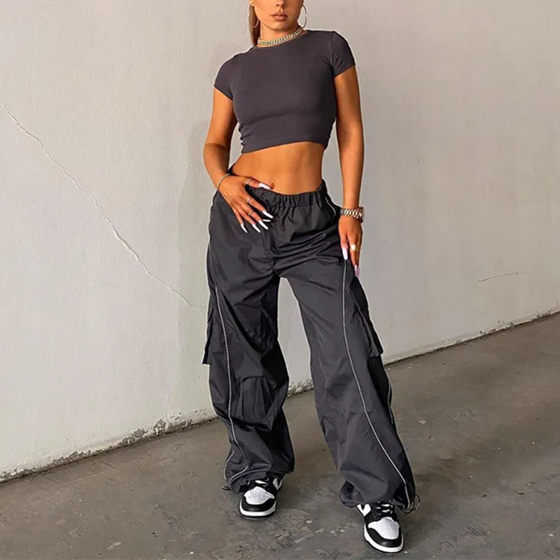 Woven Jogging Women Pants Overalls Sporty Casual Side Stripe Drawstring Middle Waist Trousers Loose New Workout Cargo Pants
