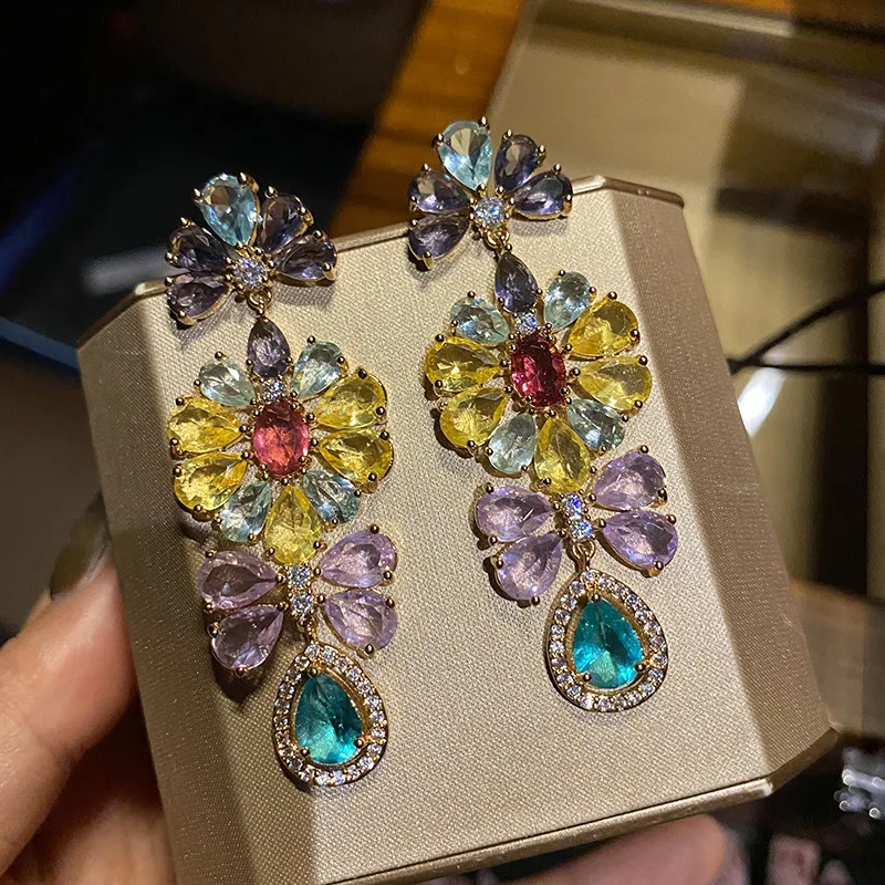 

Elegant Gorgeous 925 Sterling Silver Colorful Cubic Zirconia Carved Flower Drop Earring Temperament Trendy Women's Earrings 2023