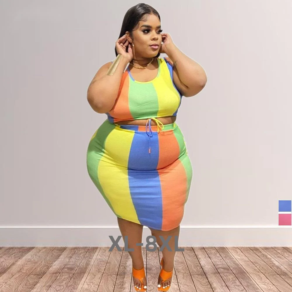 Plus Size Fashion Colorful Two Piece Skirt Set Women Clothing Sleeveless Sexy Outfits Casual Summer Wear Wole 3xl 4xl 5xl 6xl
