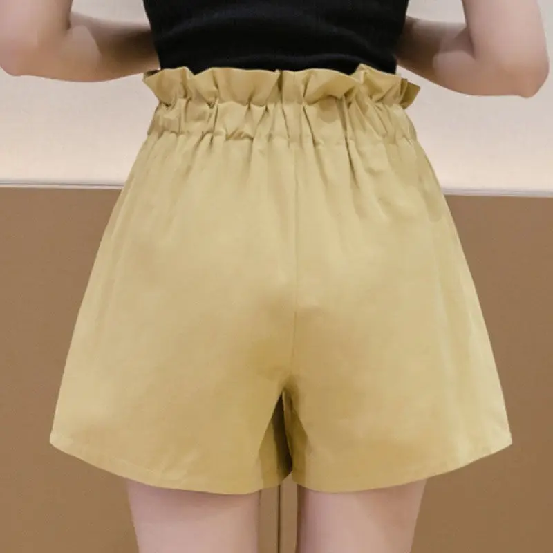 High Waist Womens Shorts Loose Elastic Yellow Wide with Belt Short Pants for Women To Wear Baggy Korean Style Casual Clothes Hot