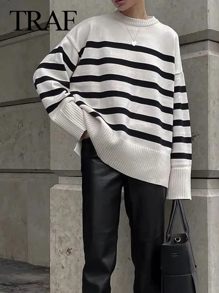 

Свитер Женский вязаный в полоску, с длинным рукавом и круглым вырезом