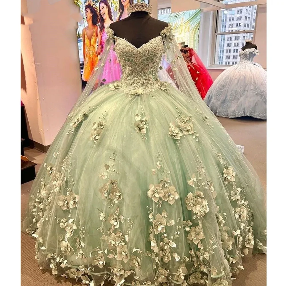 Мятно-зеленое платье Quinceanera на бретельках с накидкой бальное 3D цветами и