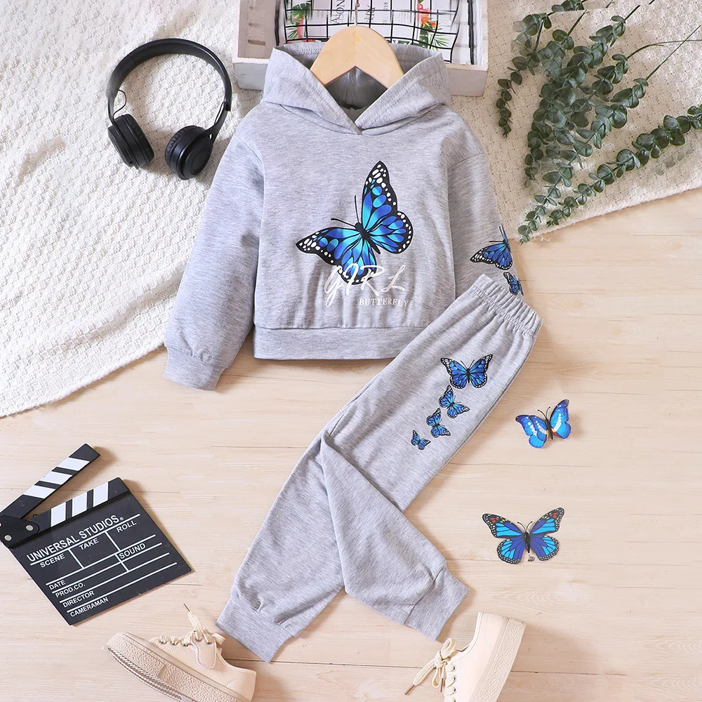 

Girls Autumn Schoold Winter Clothes Sets Children Printed Butterfly Hooded Sweater+Pants 2Pcs Outfits Junior Kids Tracksuit