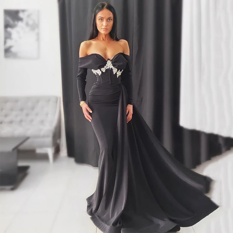 

Vinca Sunny Sexy Black Prom Dresses Off Shoulder Mermaid Evening Dress Appliques Long Sleeve High Split Cocktail Gowns Plus Size