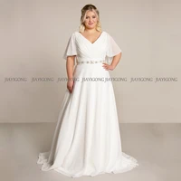 jiayigong a line wedding dress v neck batwing sleeve ruched pleat back zipper up chiffon bridal gown plus size vestido noiva