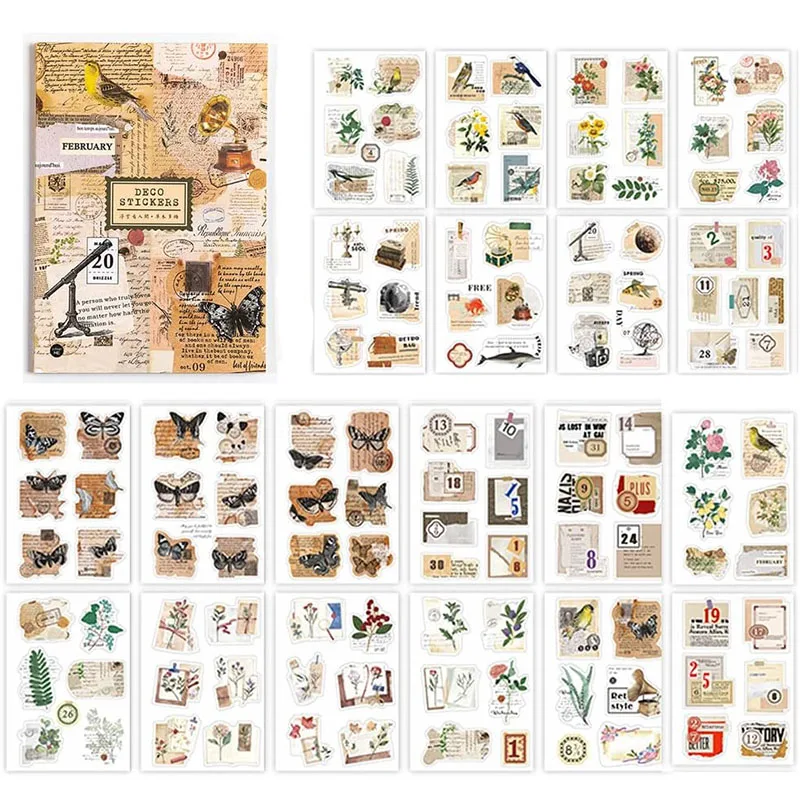 

Винтажные прозрачные наклейки в виде цветов, птиц, бабочек, 20 листов/160 шт.