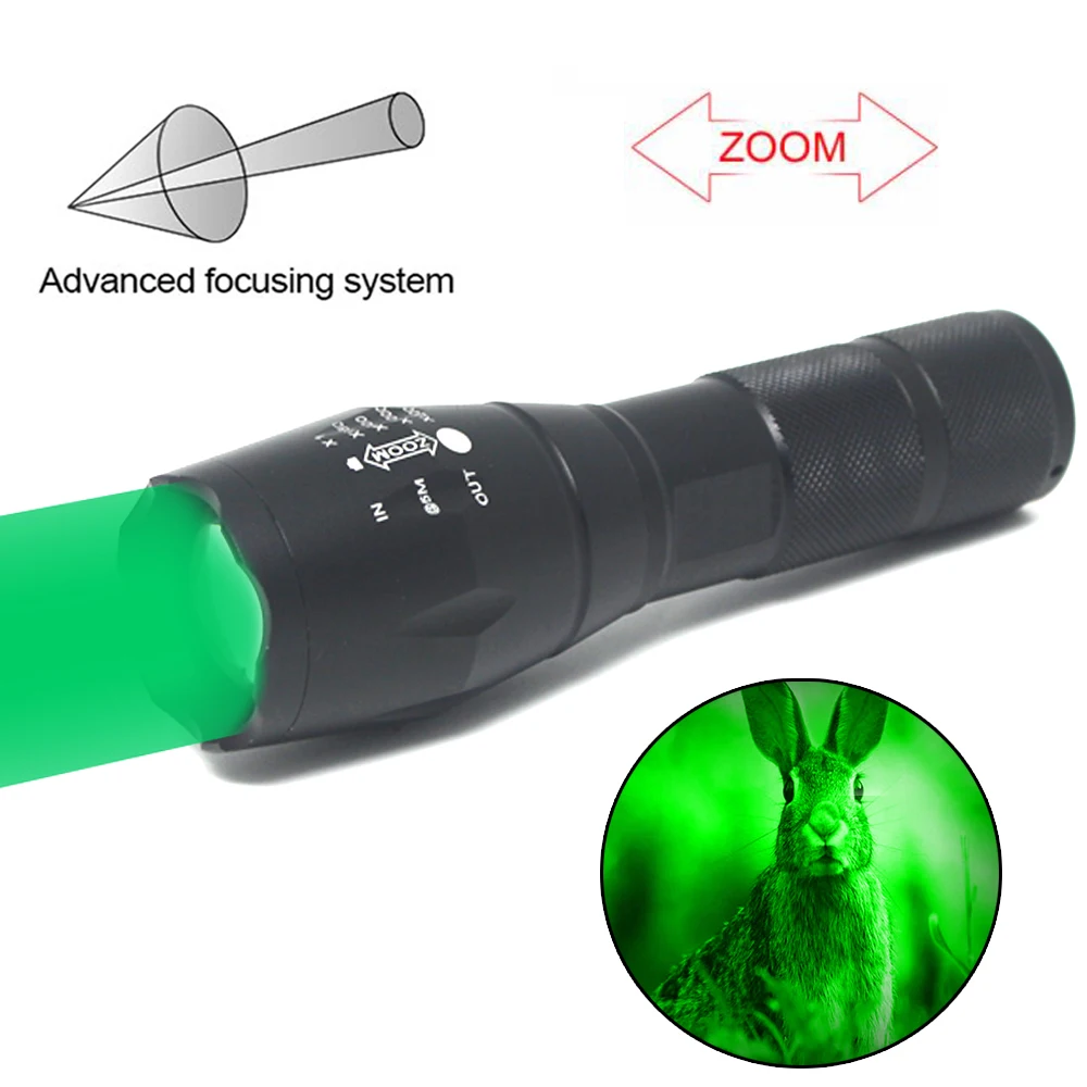 Tactical LED Flashlight Green Night Predator zoomable Flashlights Aluminum Hunting Torch A100 Powerful Weapon Gun Lantern