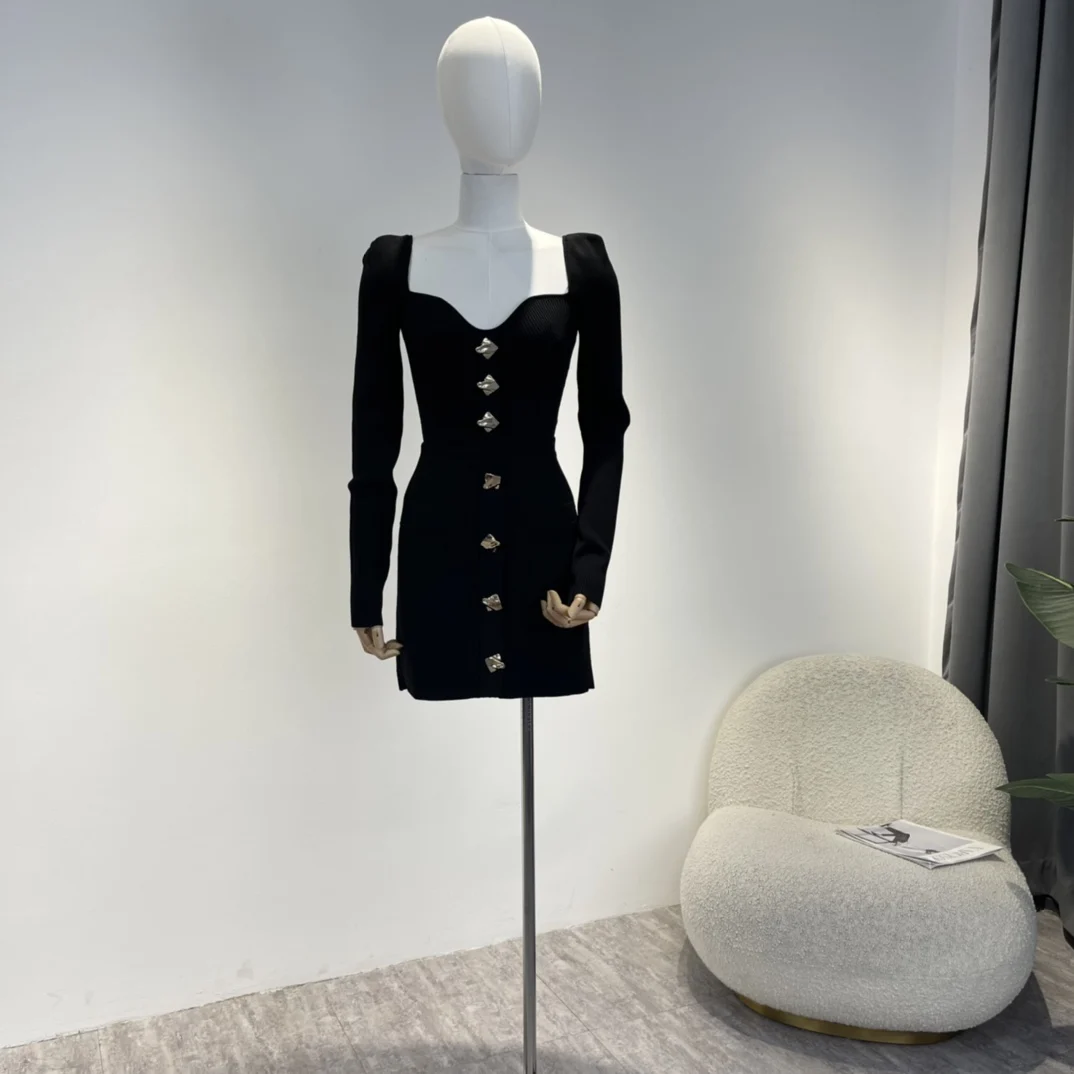 Bodycon Crop Top Mini Skirt Set Charming Lady New 2022 Autumn Winter Vintage Black Golden Design Button Wide Square Collar Suit