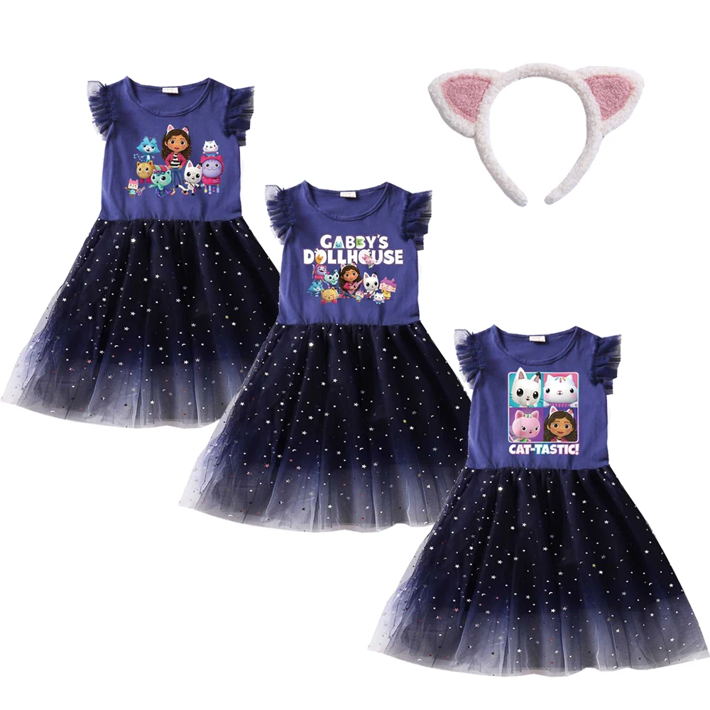 

Gabby Cats Baby Girl Dresses Kids Gabbys Doll House Clothes Carnival Cosplay Costume Children short Sleeve Casual Dress with bag