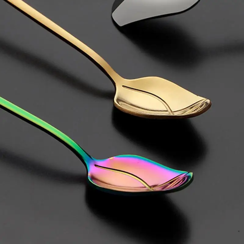 

2/4/5PCS Eco-friendly Stirring Spoon For Picnic Long Handle Stainless Steel Teaspoon Rainbow Color Vingtage Rose