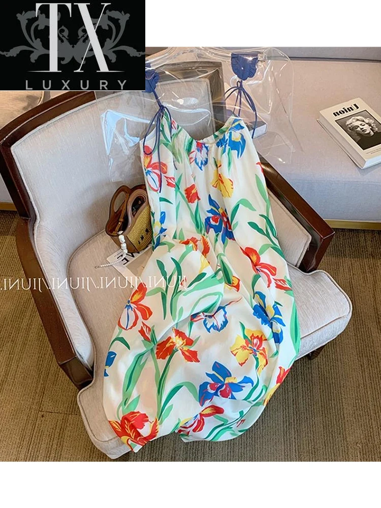 

Fashion Midi Dress Women's Flower Printed Sundress Casual Sexy Backless Sleeveless Beach Party Vestidos Female Summer New