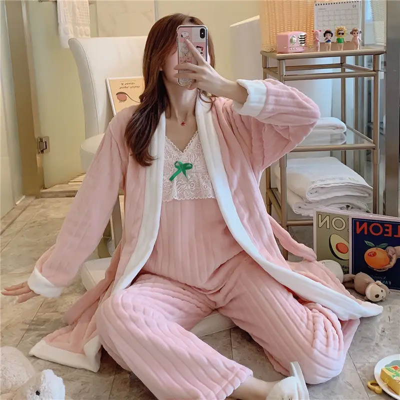 3 шт. Женские флисовые пижамные комплекты на осень и зиму | Женская одежда