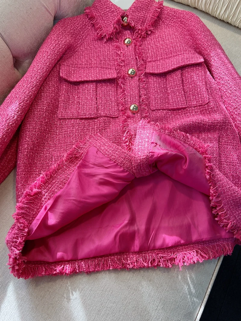 Женское винтажное пальто Lingzhiwusis розово-красное твидовое свободное повседневное