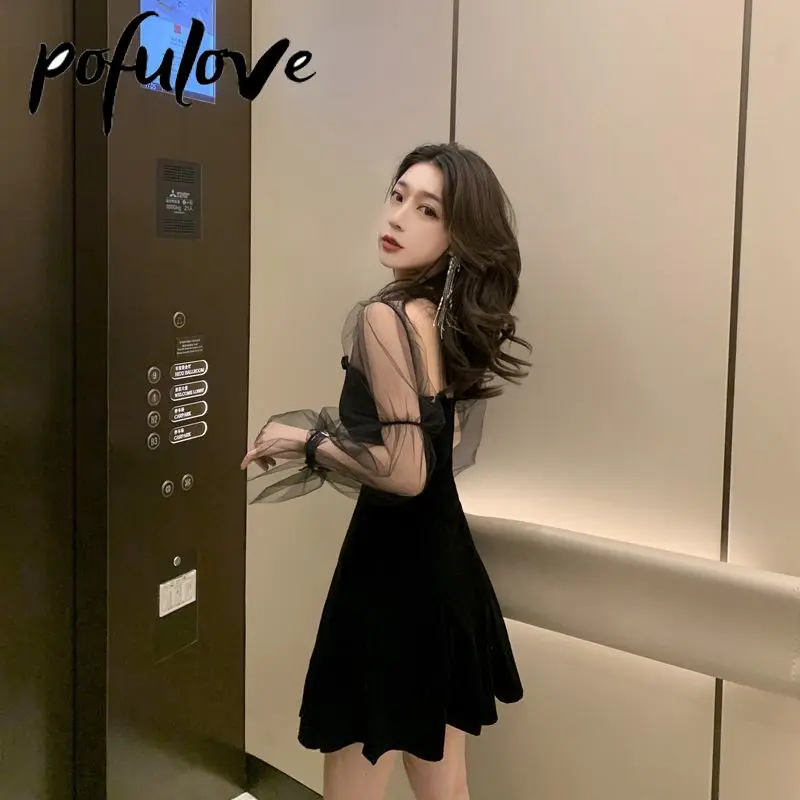 Женское плиссированное платье Y2k черная мини-юбка с длинным рукавом и открытыми