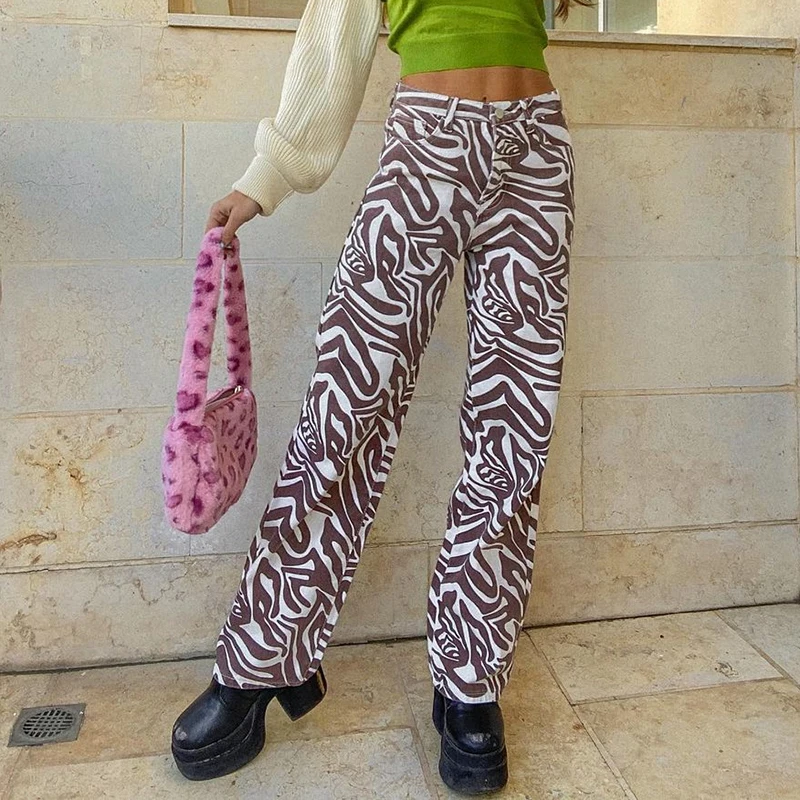 Brown Zebra Print Y2K Jeans for Girls Female Casual Women's Vintage Straight Denim Pants Baggy High Waisted Trouser Capris