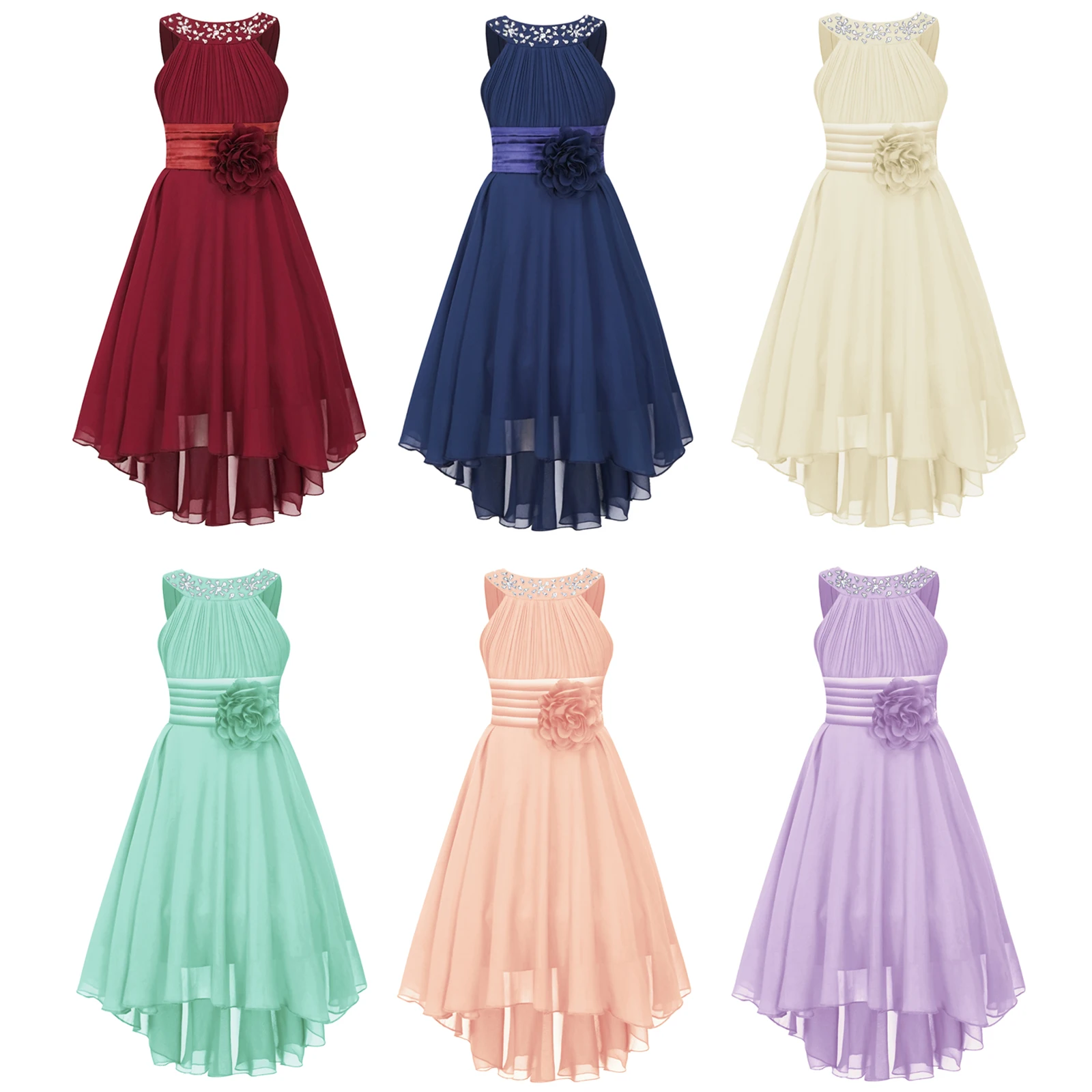 Kids Girls Chiffon Party Dress Sleeveless Shiny Beaded Flower Girls Dresses Elegant Evening Wedding Birthday Party Prom Dress