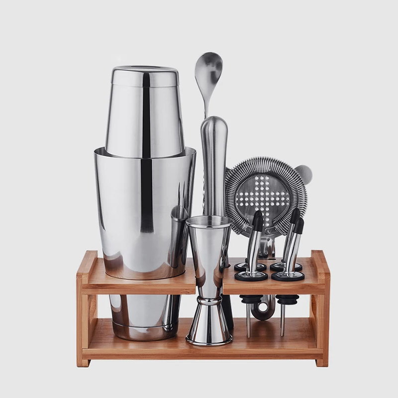 

Stainless Steel Cocktail Shaker Mixer Drink Bartender Browser Kit Bars Set Tools With Wine Wood Rack Stand Party Bar Tools