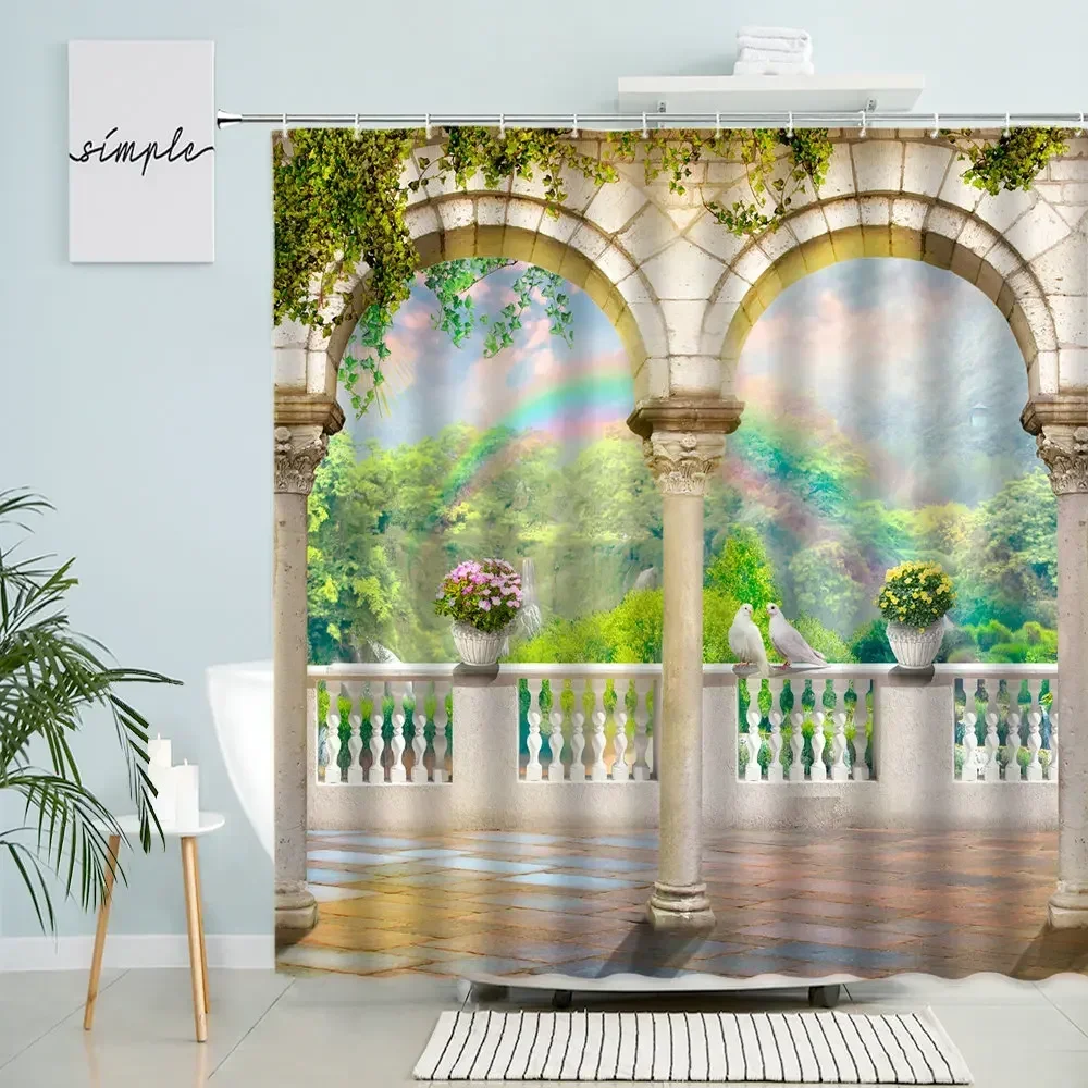 Занавеска для душа с изображением природного сада леса водопада зеленых