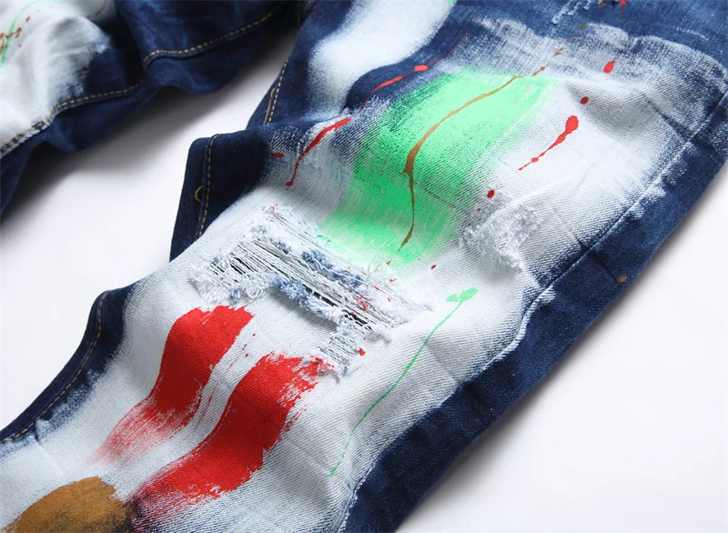Men's Colorful Graffiti Printed Jeans Y2K Colorful Slim Fit Tapered Elastic Casual Pants Fashion Street Clothing Small Foot Pant