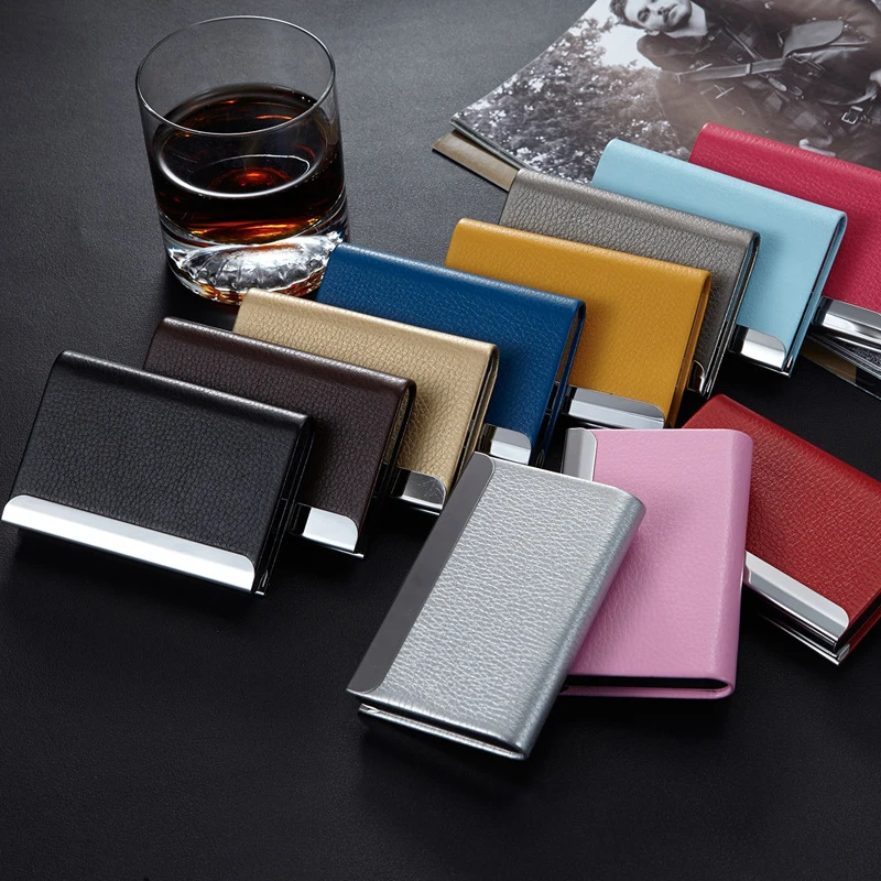 

1pc 9.8X6.5X1.5CM PU Leather Business Card Holder Buckle Slim Pocket Name Card Holder Stainless Steel Credit Card ID Case