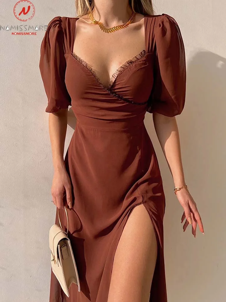 

Fashion Women Summer Solid Color A-Line Dress High Split Design Ruffles Zipper Decor V-Neck Short Sleeve Mid Waist Slim Dress