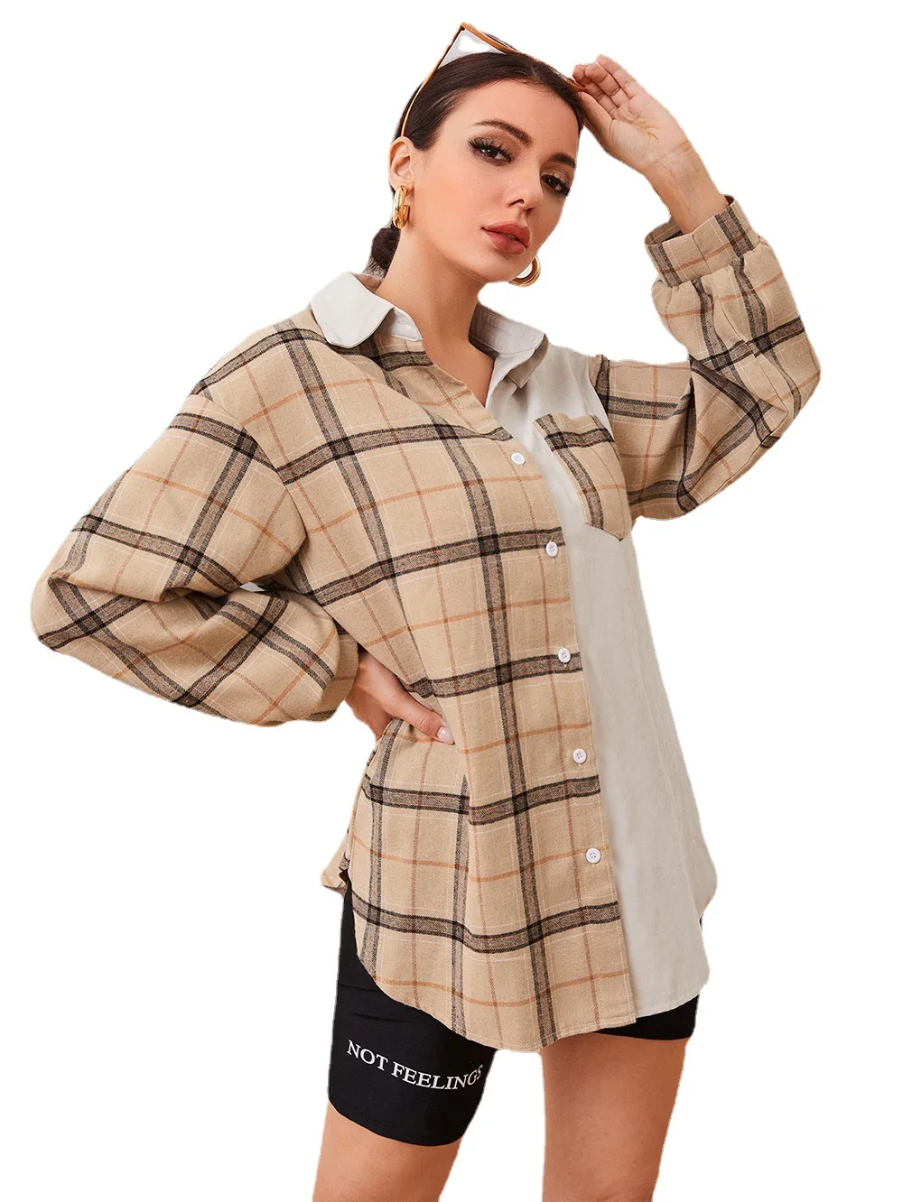 

2022 Spring and Autumn Lapel Long-sleeved Cardigan Contrast Color Plaid Street Temperament Long Sleeve Blouse Camisas Mujer