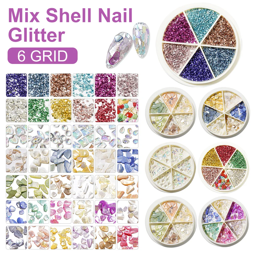 

6 Grid Mix Shell Nail Glitter Multicolor Irregular 3D Broken Shell Stones Flakes Nail Art Decoration Manicure Supplies