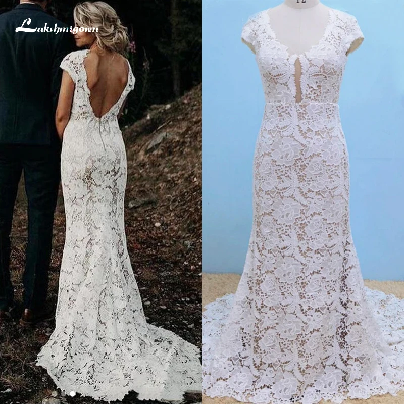 

Boho V-neck Backless Lace Appliques Mermaid Wedding Dresses 2022 Bridal Gown Short Cap Sleeve Sweep Floor-Length vestidos