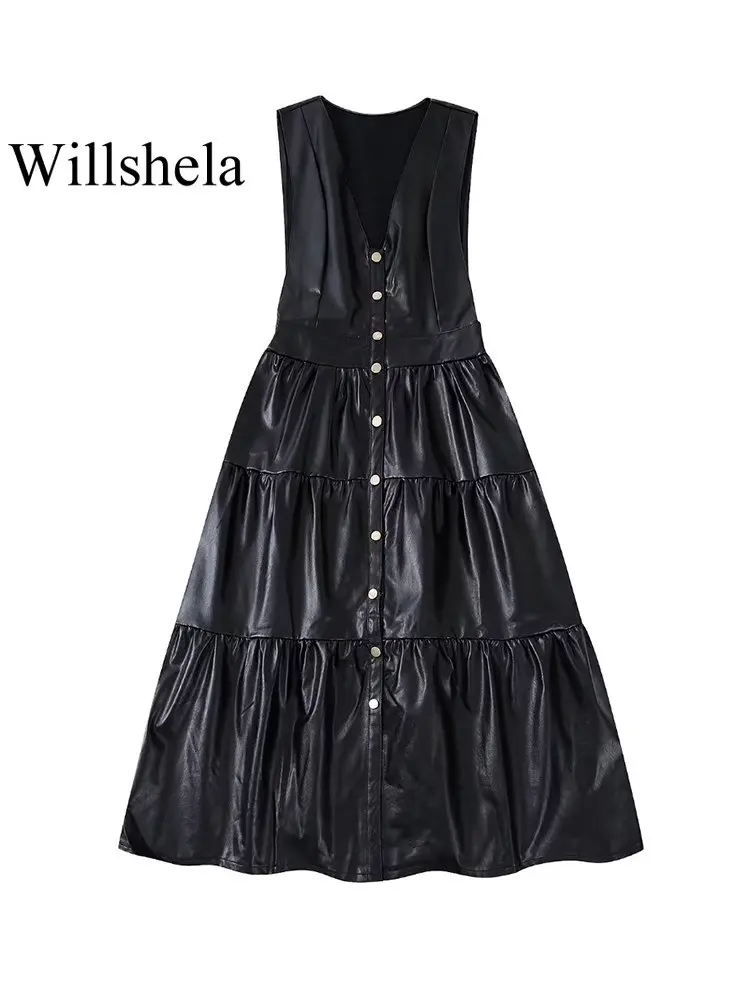 

Willshela Women Fashion PU Solid Pleated Ruffled Single Breasted Midi Dress Vintage V-Neck Sleeveless Female Chic Lady Dresses