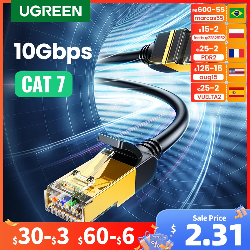 UGREEN Cat 7 Ethernet Cable Cat7 High Speed Flat Gigabit STP RJ45 LAN Cable 10Gbps Network Cable Patch Code for Router Ethernet