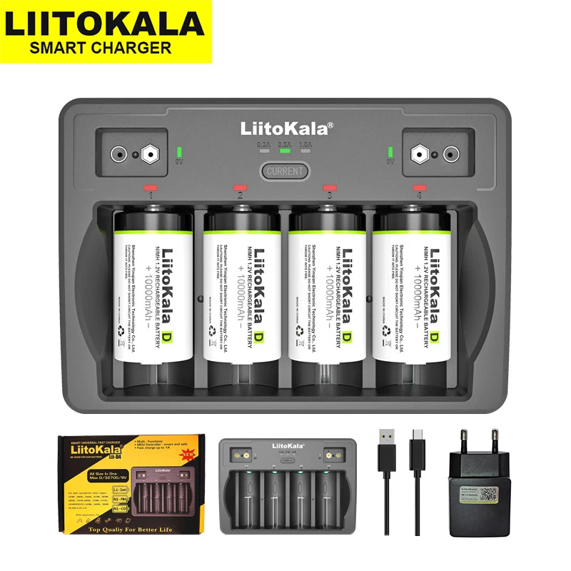 

Зарядное устройство LiitoKala Lii-D4 для литиевых и NiMH батарей D 26650 18650 21700 18500 16340 22650 32700 AA AAA C SC 3,7 в 1,2 в 9 в