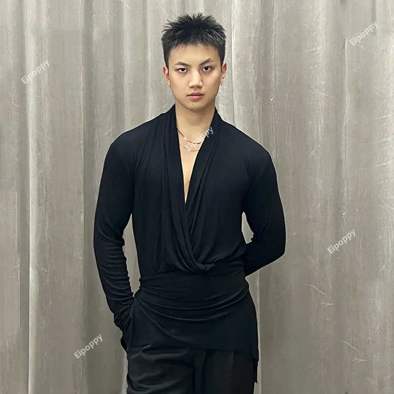 Топ Мужской для латиноамериканских танцев с длинным рукавом и V-образным вырезом
