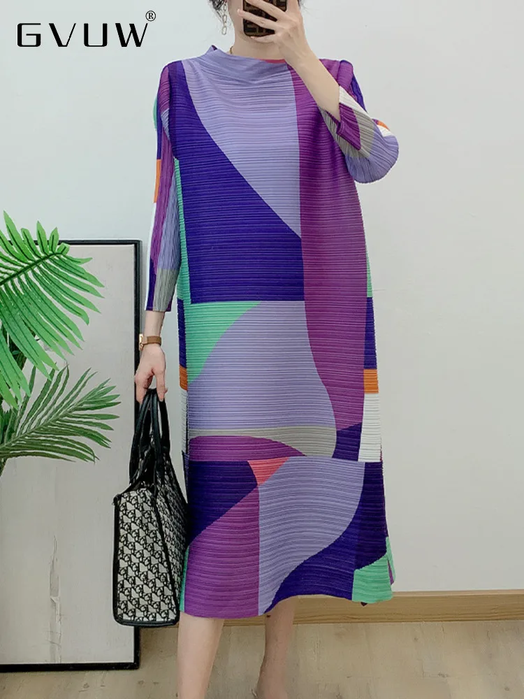 

GVUW 2023 Autumn Pleated Women's Dress Round Collar Long Sleeve Color Block Print Loose Female Casual Elegant Clothing 17J0936