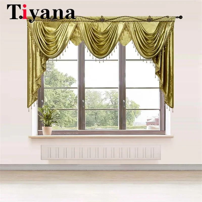 

Golden Chenille Valance Curtain Luxury Beaded Voile Wavy Waterfall Curtain Head For Living Room Rod Pocket Top Window Drapes