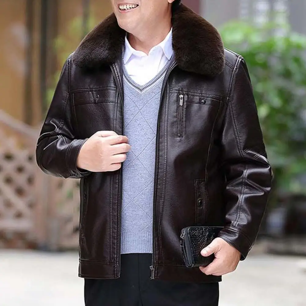 

Fall Men Jacket Mid-aged Men's Windproof Faux Leather Jacket with Stand Collar Soft Plush Pockets Zipper Closure Zipper Closure